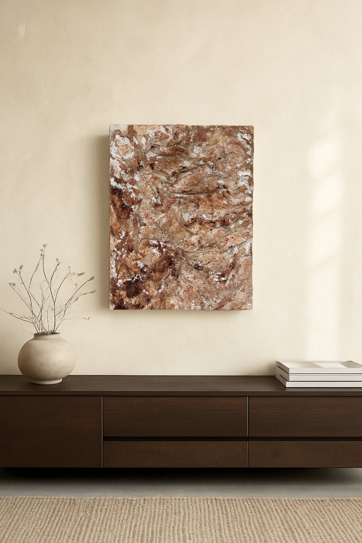 Earth-inspired textured 3D wall art styled in a minimalist living room with neutral tones and Japandi decor elements.