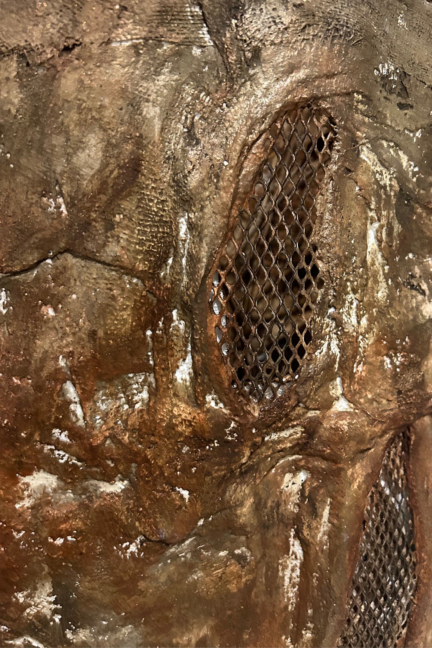Rich copper and bronze surface texture on one-of-a-kind floor sculpture
