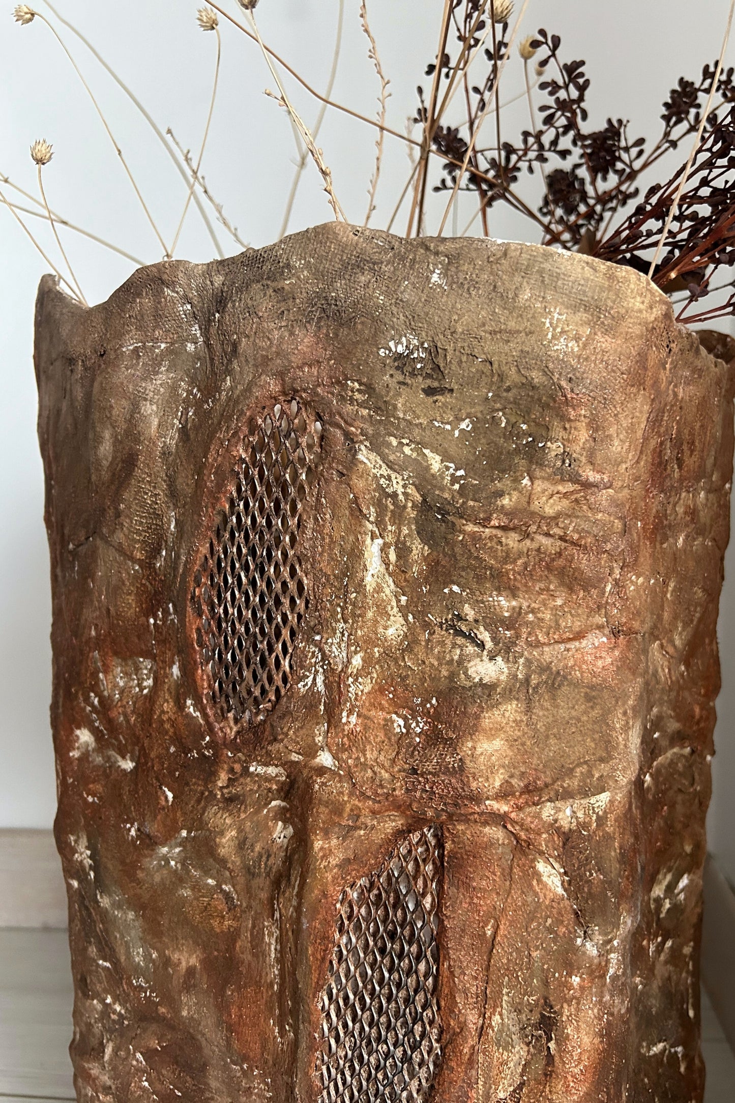 Handmade tall vase with wabi sabi texture and rustic matte finish