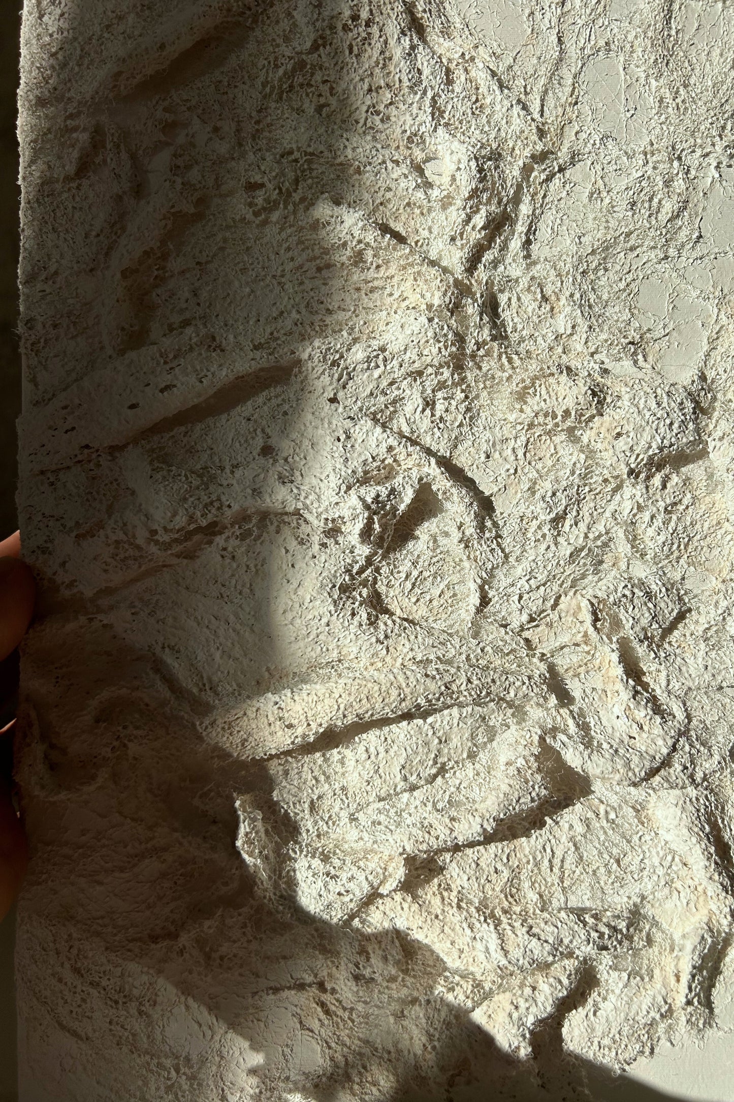 Dramatic lighting highlights the surface texture and dimension of the 3D plaster canvas art.