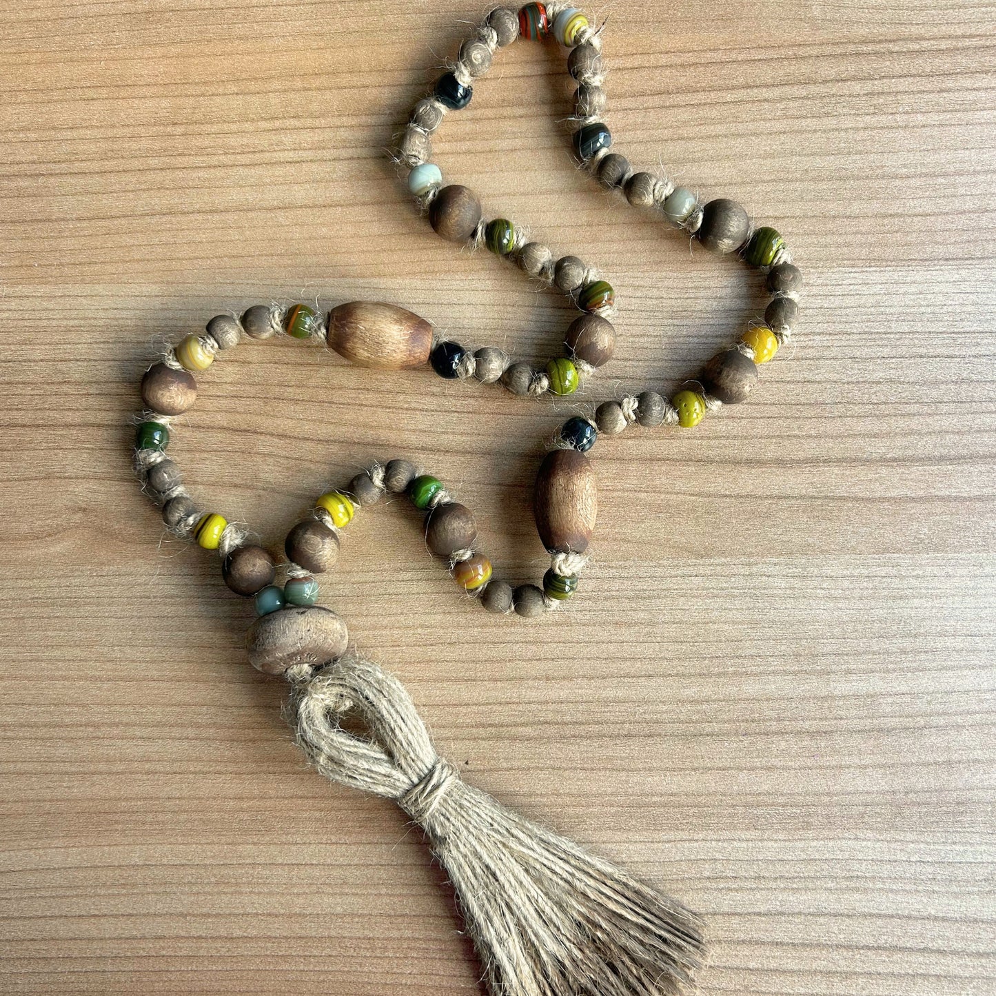 Handmade rustic bead garland with glass and wooden beads – full length view
