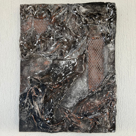 Handmade black and copper textured wall art panel – front view showcasing sculptural relief details.