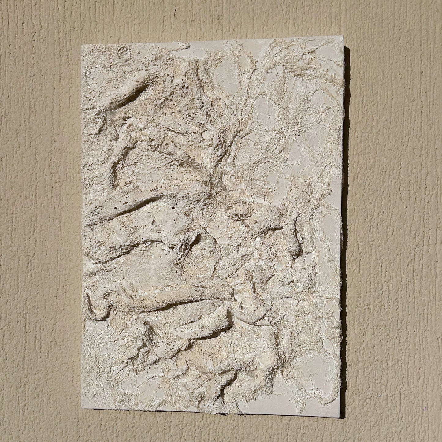 Front view of handcrafted 3D white plaster wall art on canvas, inspired by ocean textures.