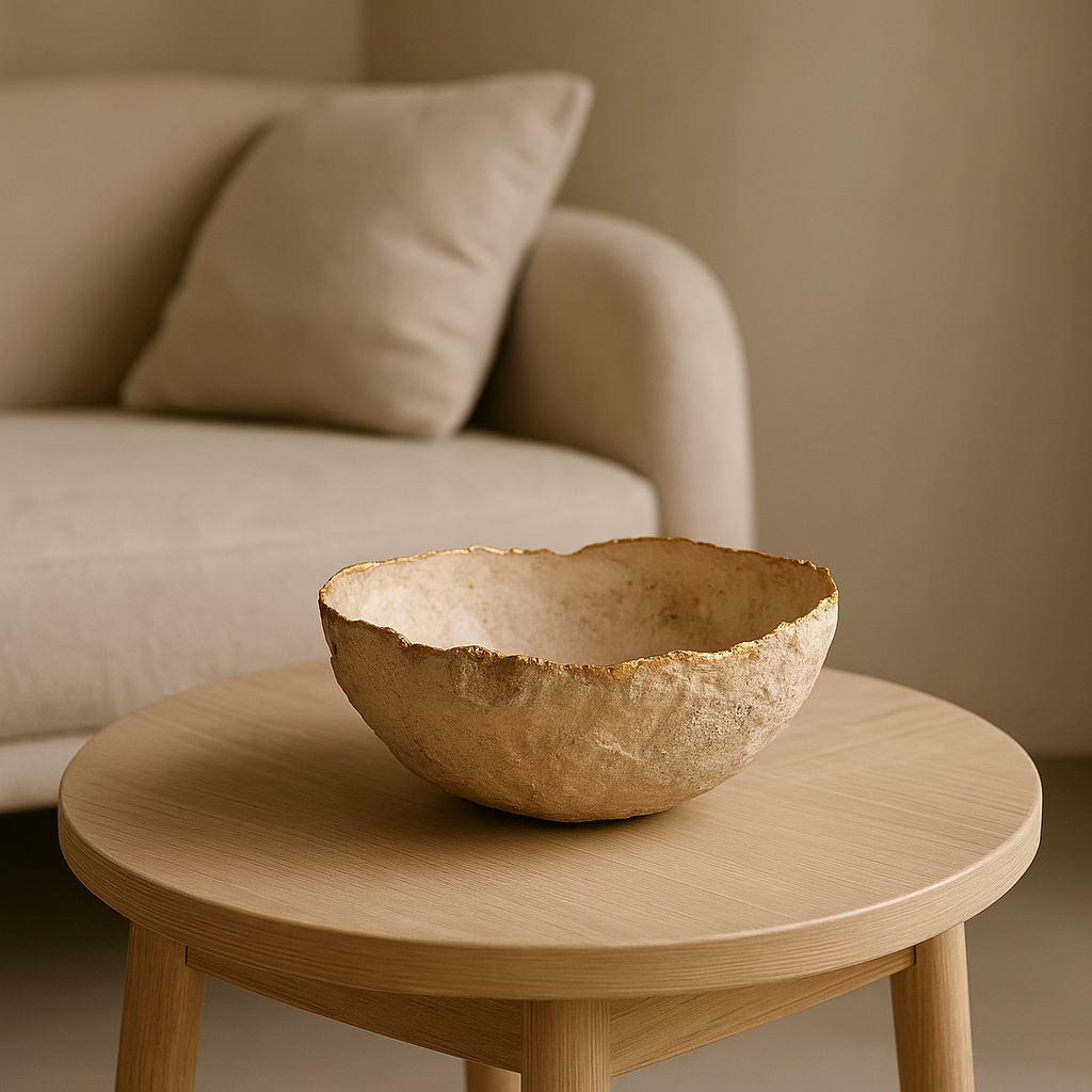 Large rustic bowl styled on a round wood coffee table with neutral-toned interior backdrop.