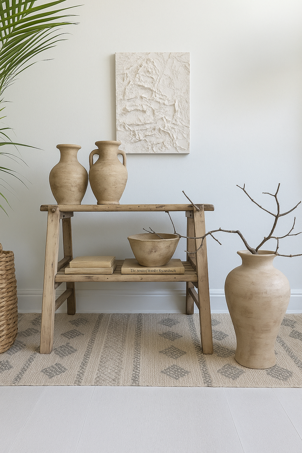 Neutral wabi sabi textured canvas wall art styled with rustic ceramic vases, natural wood shelf and soft earthy tones – ideal for organic modern interiors.