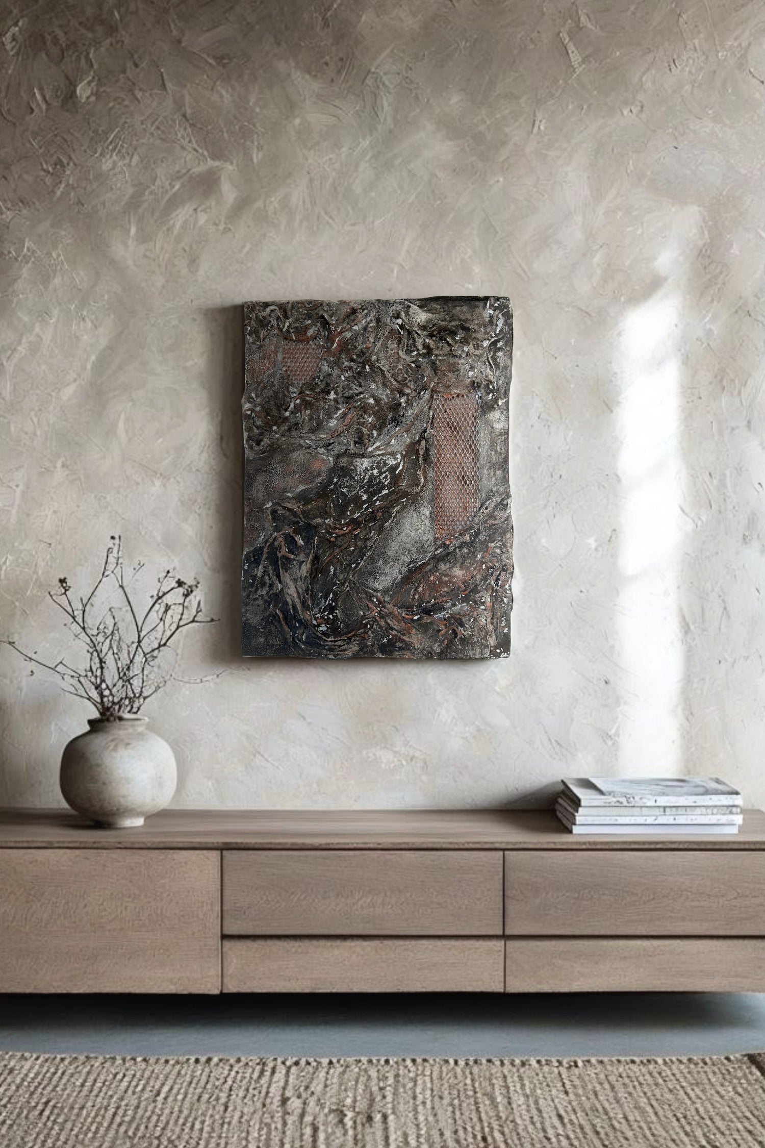 Textured abstract wall art with earthy tones and sculptural relief, displayed in a minimalist interior with natural plaster walls and wooden furniture. Perfect for Japandi and rustic home decor.