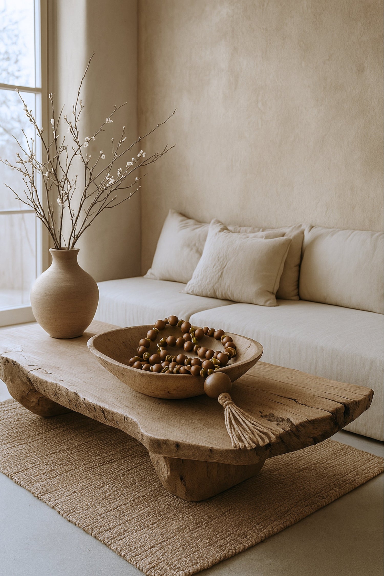 Handmade wooden bead garland with tassel styled in a rustic wooden bowl on a natural coffee table, in a cozy minimalist living room.