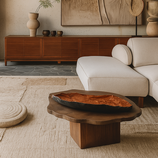 Long copper decorative bowl used as a statement piece on a round wooden coffee table.