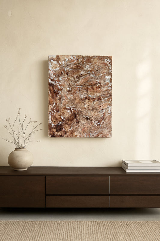 Earth-inspired textured 3D wall art styled in a minimalist living room with neutral tones and Japandi decor elements.