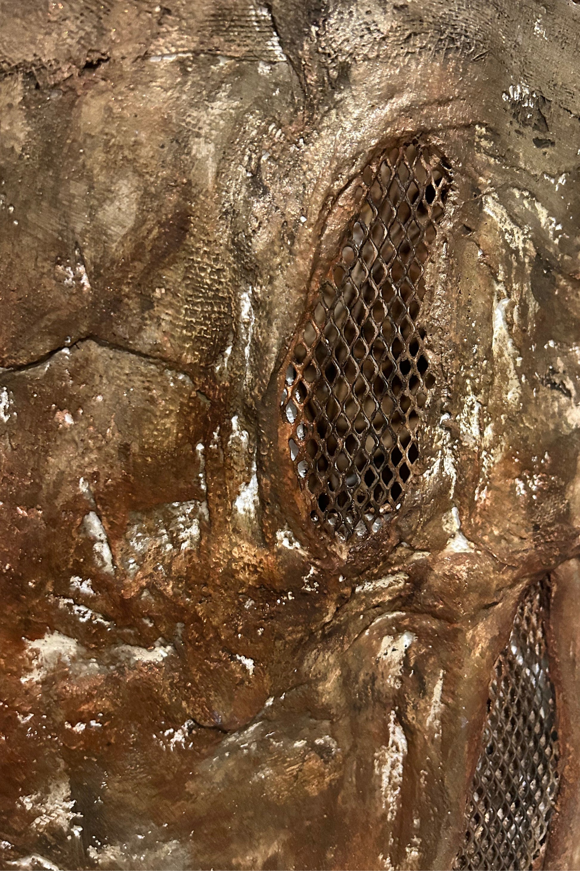 Rich copper and bronze surface texture on one-of-a-kind floor sculpture