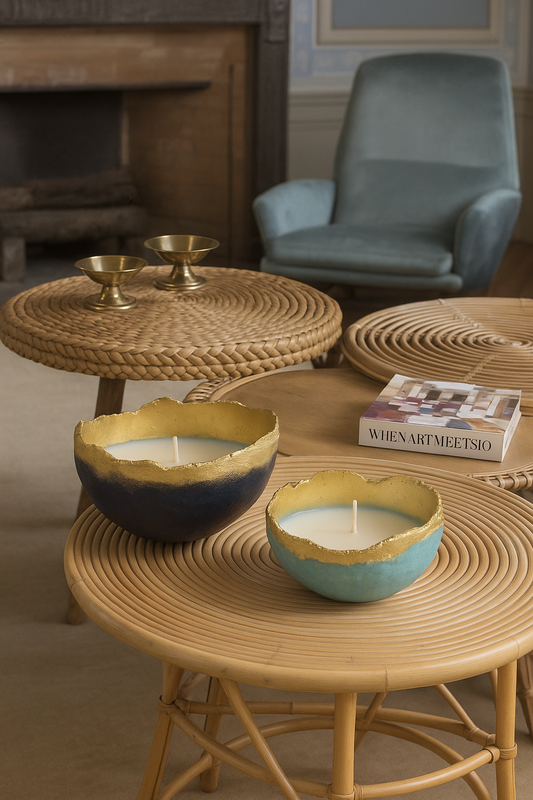 Blue and black wabi sabi candle bowls displayed on a rattan coffee table in a cozy living room, surrounded by warm earthy textures.