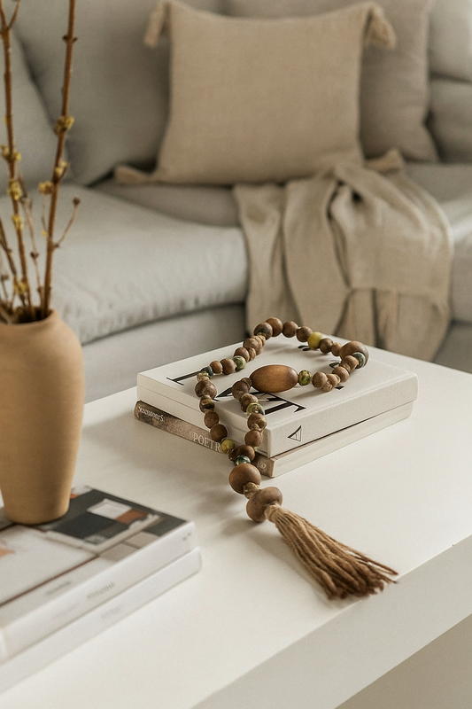 Rustic garland decor styled on a beige sofa with coffee table book – gift idea