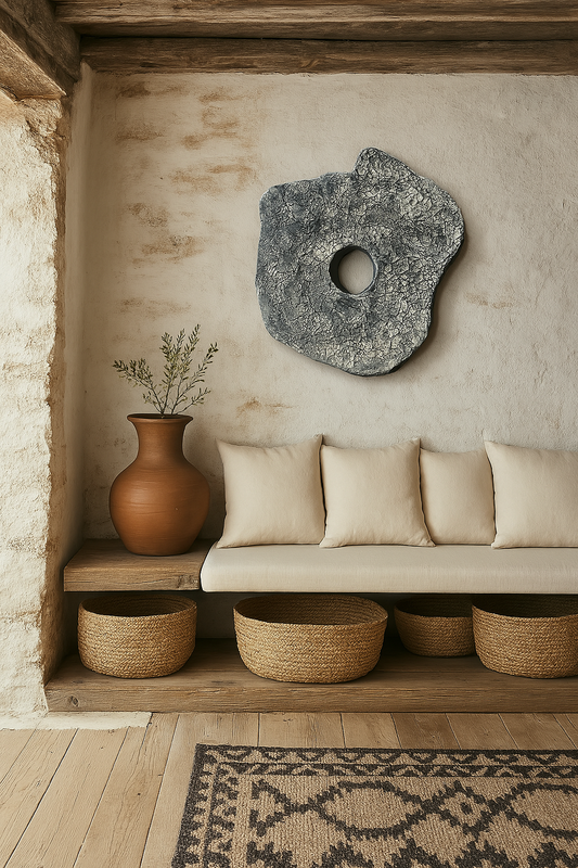 Sculptural silver plaster wall art styled above a modern console table in a Japandi interior
