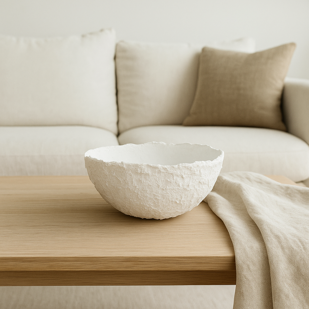 White paper mache bowl styled on a shelf in front of neutral-toned sofa cushions for organic home decor