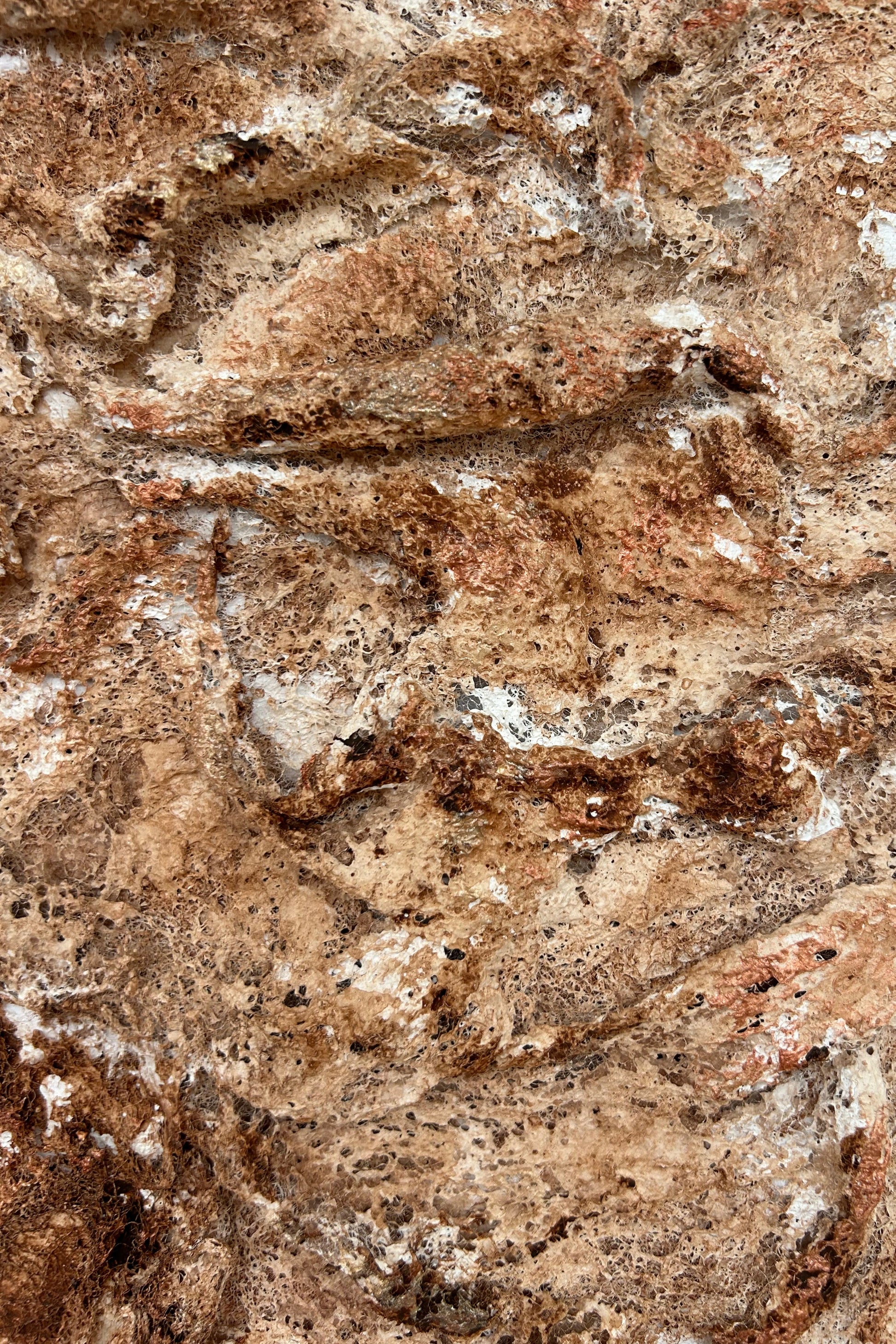  Vertical shot of sculptural wall canvas with abstract texture and earthy finishes.