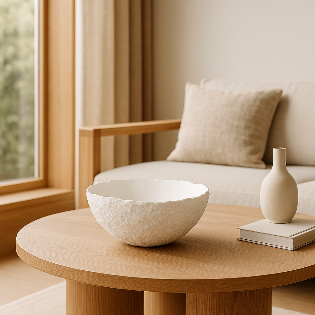 Handmade white wabi sabi bowl displayed on a natural wood coffee table in a neutral Japandi interior