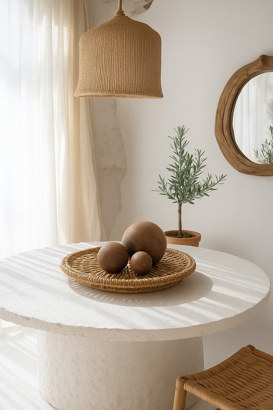 Three handcarved wooden balls styled on a woven rattan tray over a sculptural white stone table in a Japandi-inspired interior.