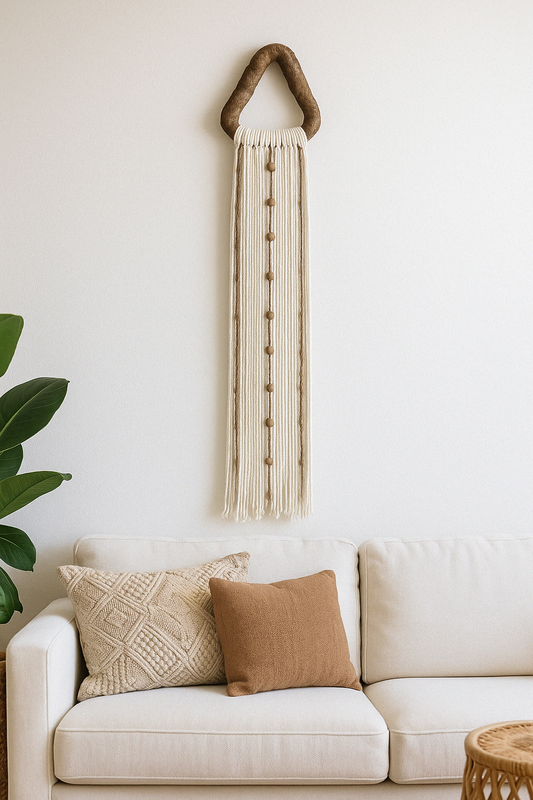 Cream and jute fiber wall art styled above modern neutral sofa with boho cushions.